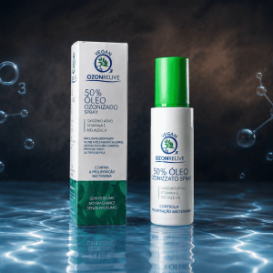 Olio ozonizzato spray 50% Ozonrelive, flacone e confezione su sfondo blu.