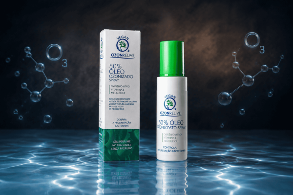 Olio ozonizzato spray 50% Ozonrelive, flacone e confezione su sfondo blu.