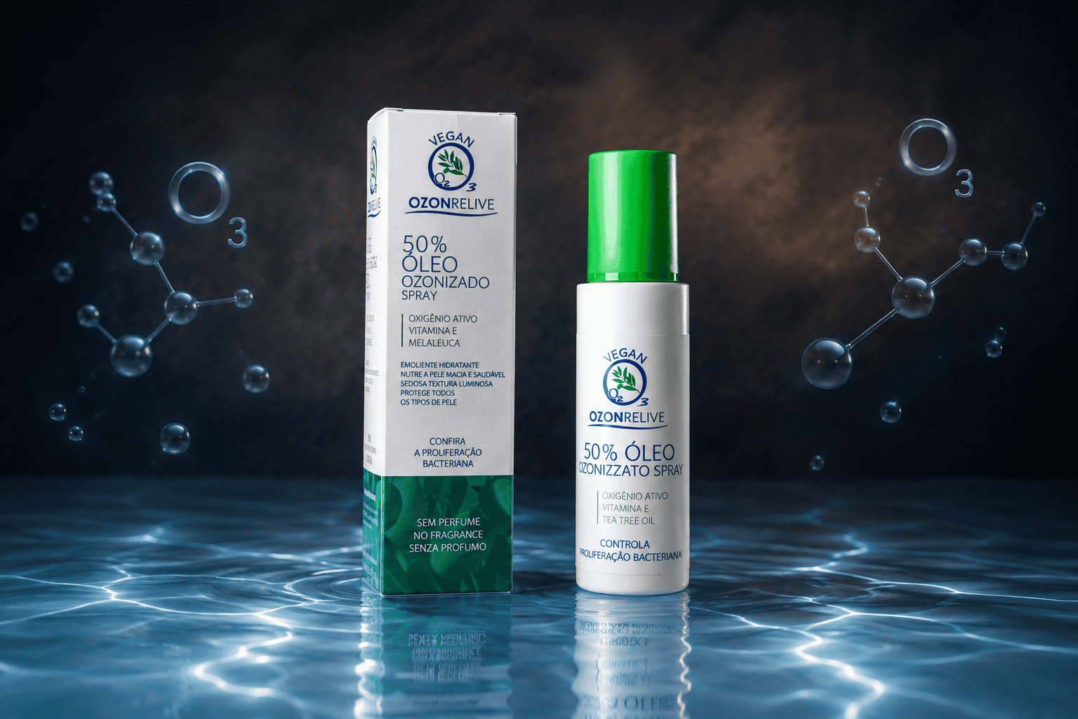 Olio ozonizzato spray 50% Ozonrelive, flacone e confezione su sfondo blu.