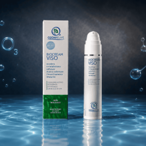 Biocrema Viso Ozonrelive, flacone con dosatore e confezione.