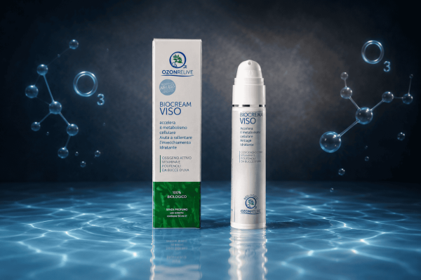 Ozono product_04_biocrema viso Biocrema Viso Ozonrelive, flacone con dosatore e confezione.