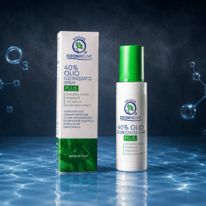 Olio ozonizzato spray 40% Plus Ozonrelive, flacone e confezione.