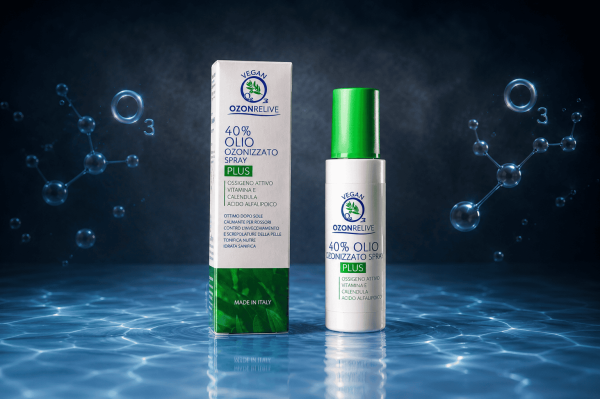Olio ozonizzato spray 40% Plus Ozonrelive, flacone e confezione.