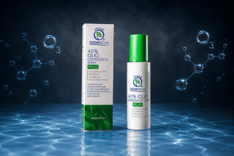 Olio ozonizzato spray 40% Plus Ozonrelive, flacone e confezione.