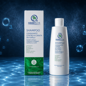 Shampoo Ozonrelive, flacone bianco e confezione su sfondo blu.
