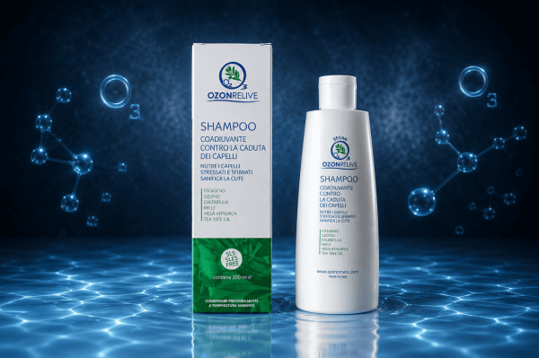 Ozono product_08_shampoo contro caduta capelli Shampoo Ozonrelive, flacone bianco e confezione su sfondo blu.