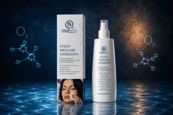 Acqua Micellare Ozonizzata Ozonrelive, flacone spray e confezione.