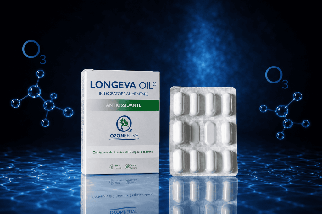 Longeva Oil Ozonrelive, confezione da 30 capsule con blister.