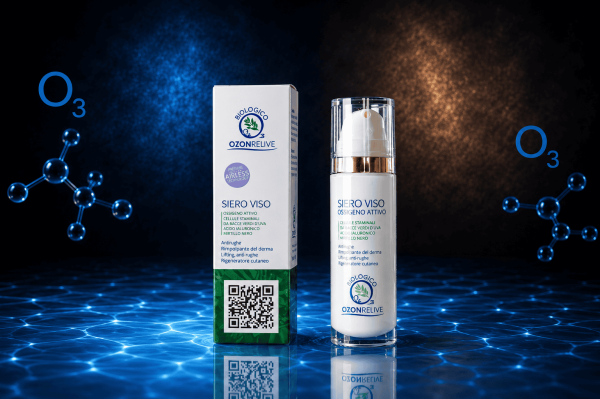 Siero Viso Ozonrelive, flacone con dosatore e confezione.