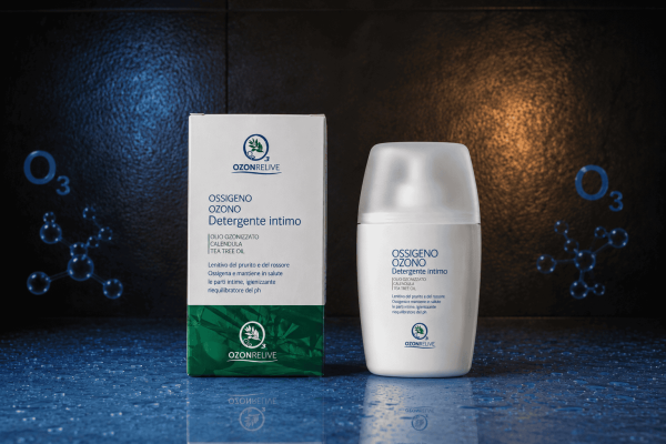Detergente Intimo Ozonrelive, flacone con dosatore e confezione.