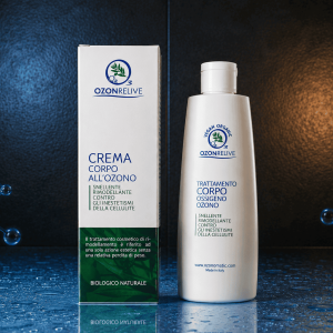 Crema Corpo all’Ozono Ozonrelive, flacone bianco e confezione.