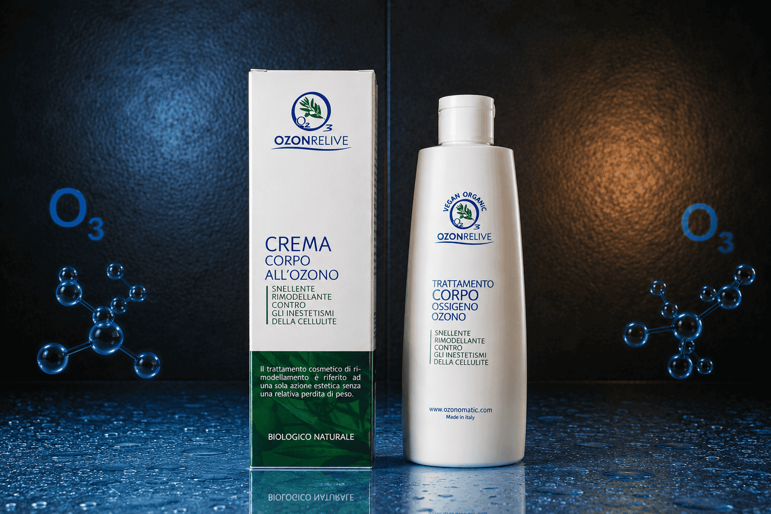 Crema Corpo all’Ozono Ozonrelive, flacone bianco e confezione.