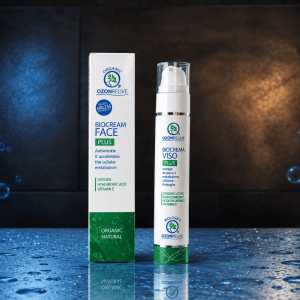 Biocrema Viso Plus Ozonrelive, flacone con dosatore e confezione.