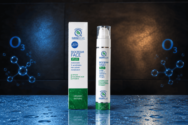 Biocrema Viso Plus Ozonrelive, flacone con dosatore e confezione.