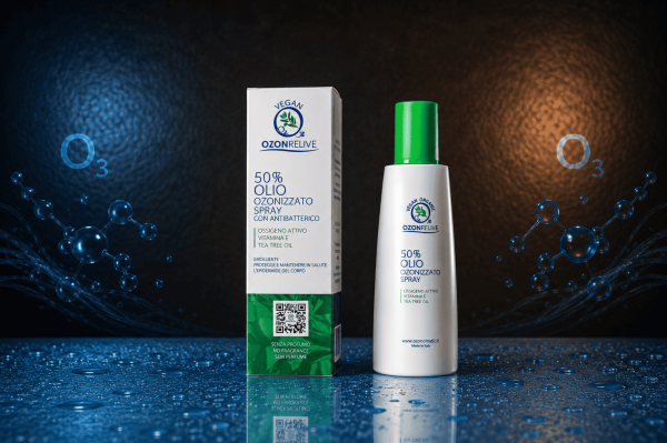 Olio ozonizzato spray 50% Ozonrelive, flacone e confezione su sfondo blu scuro.
